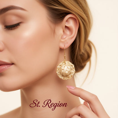 18K Gold-Plated Rattan Hat Drop Earrings, gold drop earrings for women, dainty minimalist design, styled look