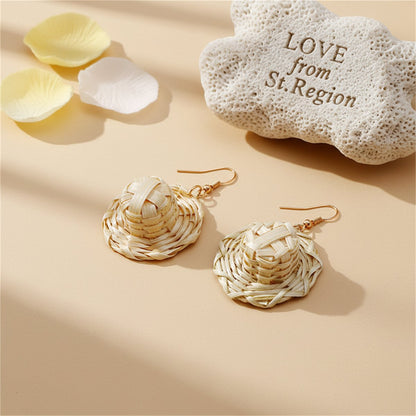 18K Gold-Plated Rattan Hat Drop Earrings, gold drop earrings for women, dainty minimalist design, lifestyle look