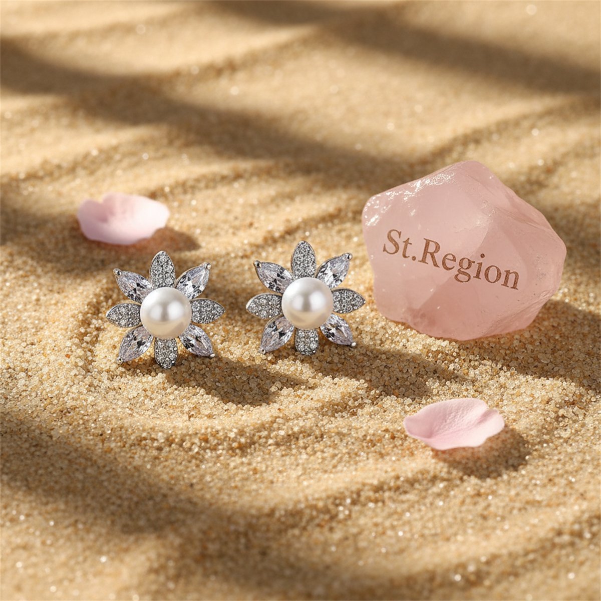 Pearl and Cubic Zirconia Crystal-Accent Flower Stud Earrings, cubic zirconia stud earrings for women, detail close-up