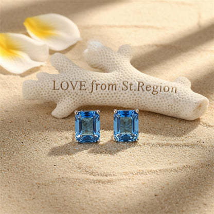 Blue Crystal and Silver-Plated Radiant-Cut Stud Earrings, silver stud earrings for women, botanical inspired, lifestyle look