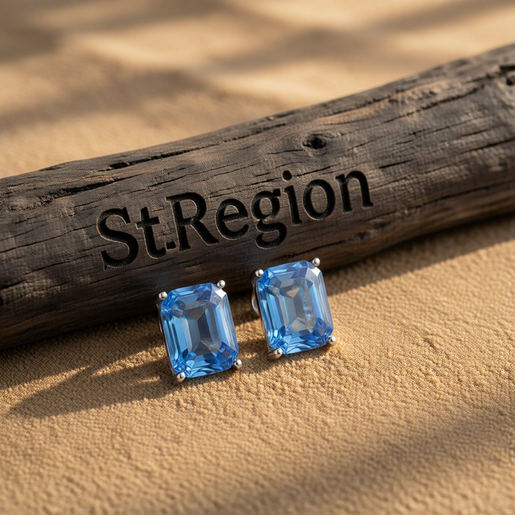 Blue Crystal and Silver-Plated Radiant-Cut Stud Earrings, silver stud earrings for women, botanical inspired, front view