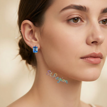 Blue Crystal and Silver-Plated Radiant-Cut Stud Earrings, silver stud earrings for women, botanical inspired, styled look