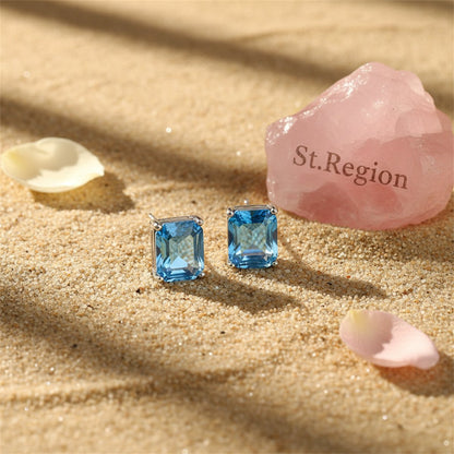 Blue Crystal and Silver-Plated Radiant-Cut Stud Earrings, silver stud earrings for women, botanical inspired, detail close-up