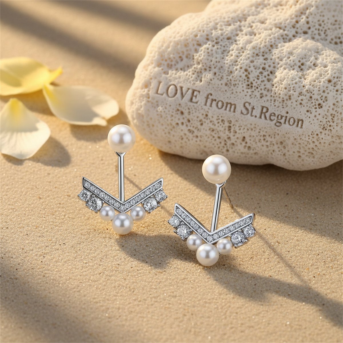 Cubic Zirconia and Pearl V Ear Jackets, dainty minimalist design, lifestyle look