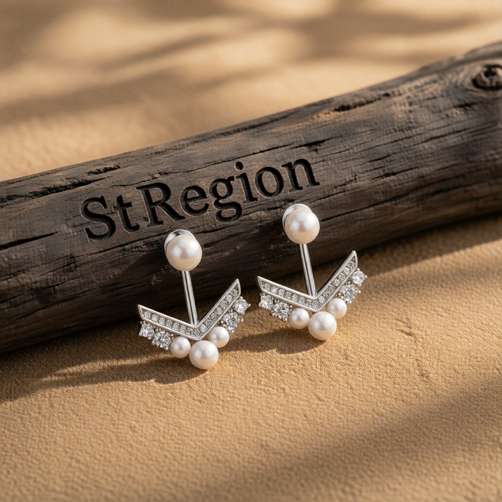 Cubic Zirconia and Pearl V Ear Jackets, dainty minimalist design, front view