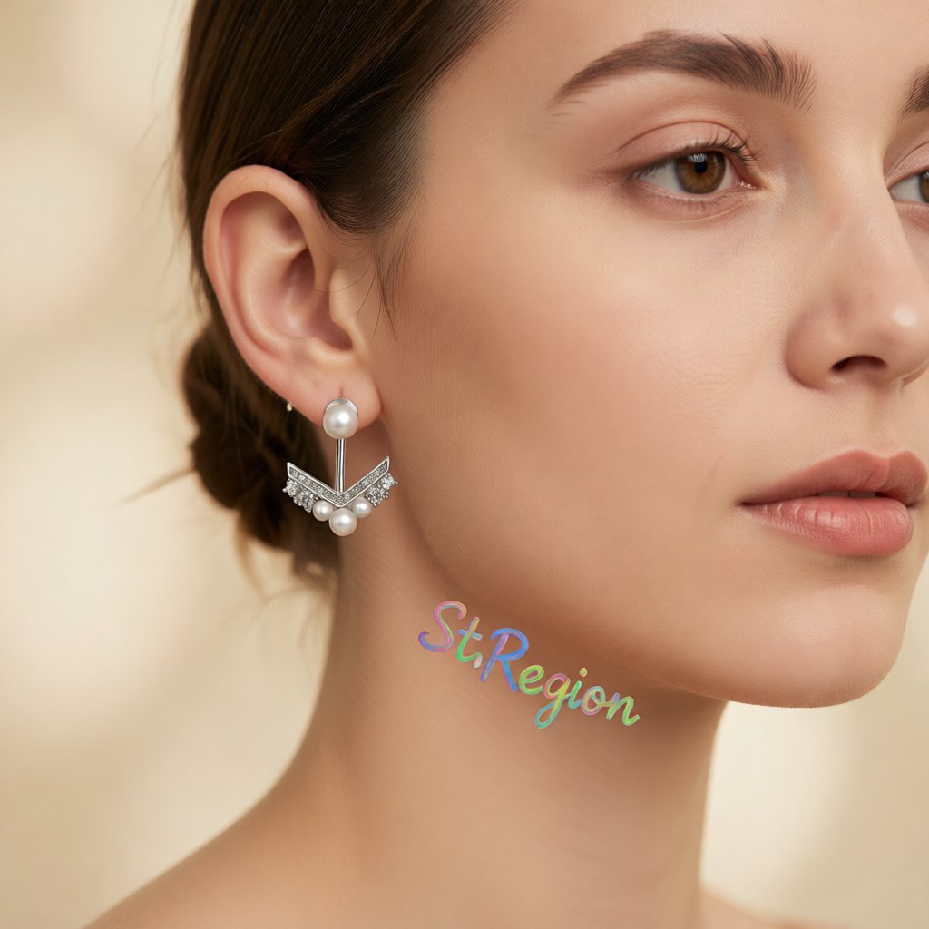 Cubic Zirconia and Pearl V Ear Jackets, dainty minimalist design, styled look