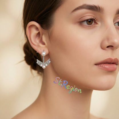 Cubic Zirconia and Pearl V Ear Jackets, dainty minimalist design, styled look