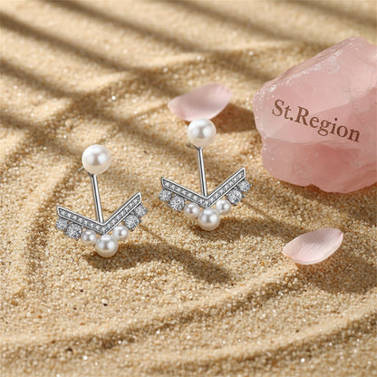 Cubic Zirconia and Pearl V Ear Jackets, dainty minimalist design, detail close-up