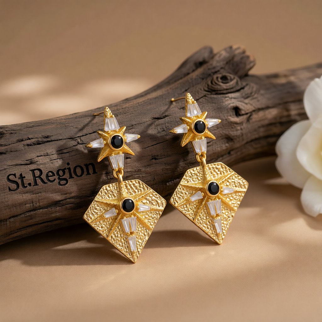 Black Cubic Zirconia and Crystal Sun Diamond Drop Earrings, drop earrings for women, elegant gift for her, front view