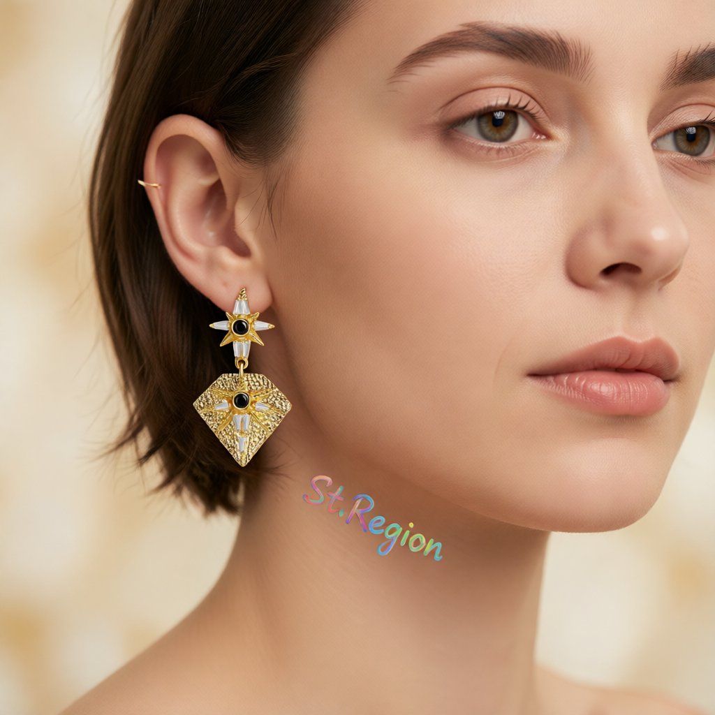 Black Cubic Zirconia and Crystal Sun Diamond Drop Earrings, drop earrings for women, elegant gift for her, styled look