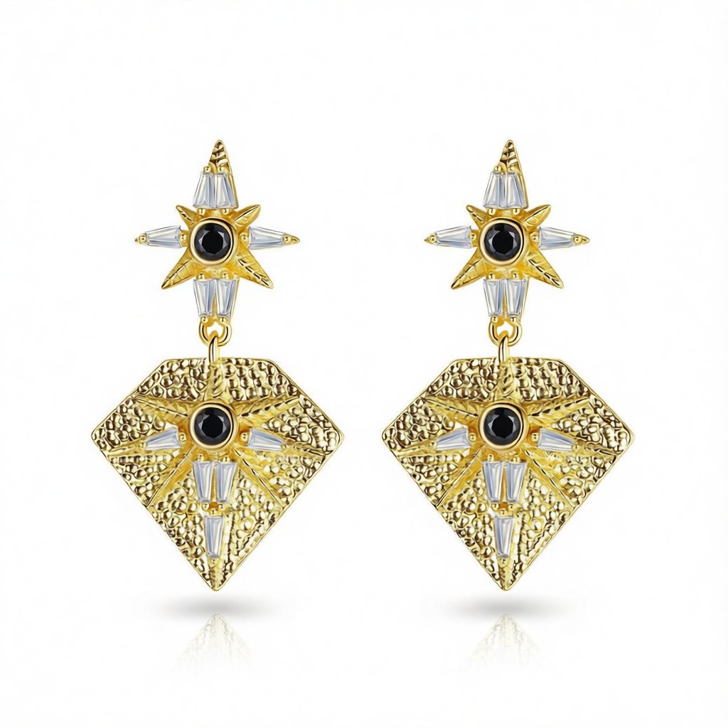 Black Cubic Zirconia and Crystal Sun Diamond Drop Earrings, drop earrings for women, elegant gift for her, side view