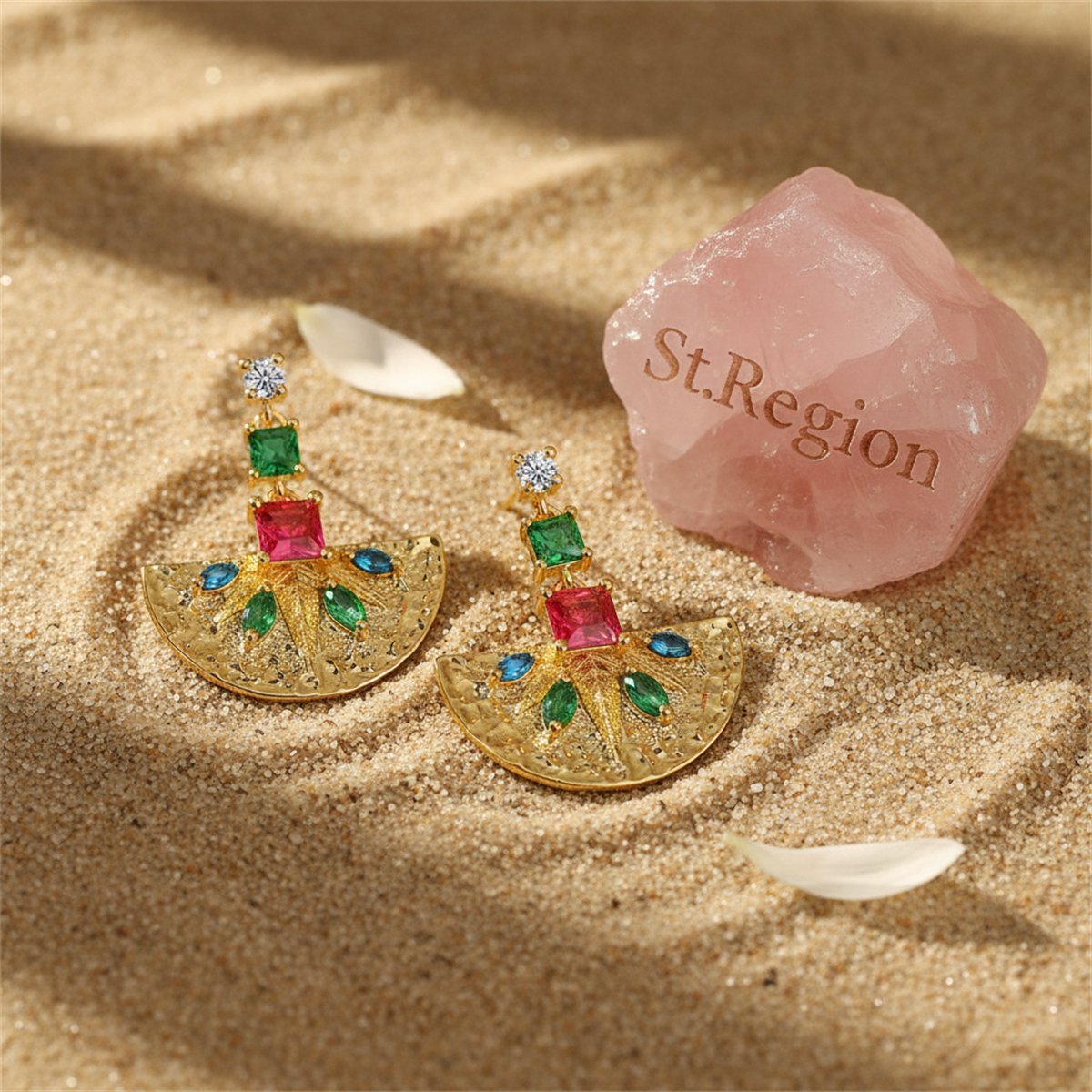 Green Crystal and Cubic Zirconia Fan Drop Earrings, drop earrings for women, dainty minimalist design, detail close-up