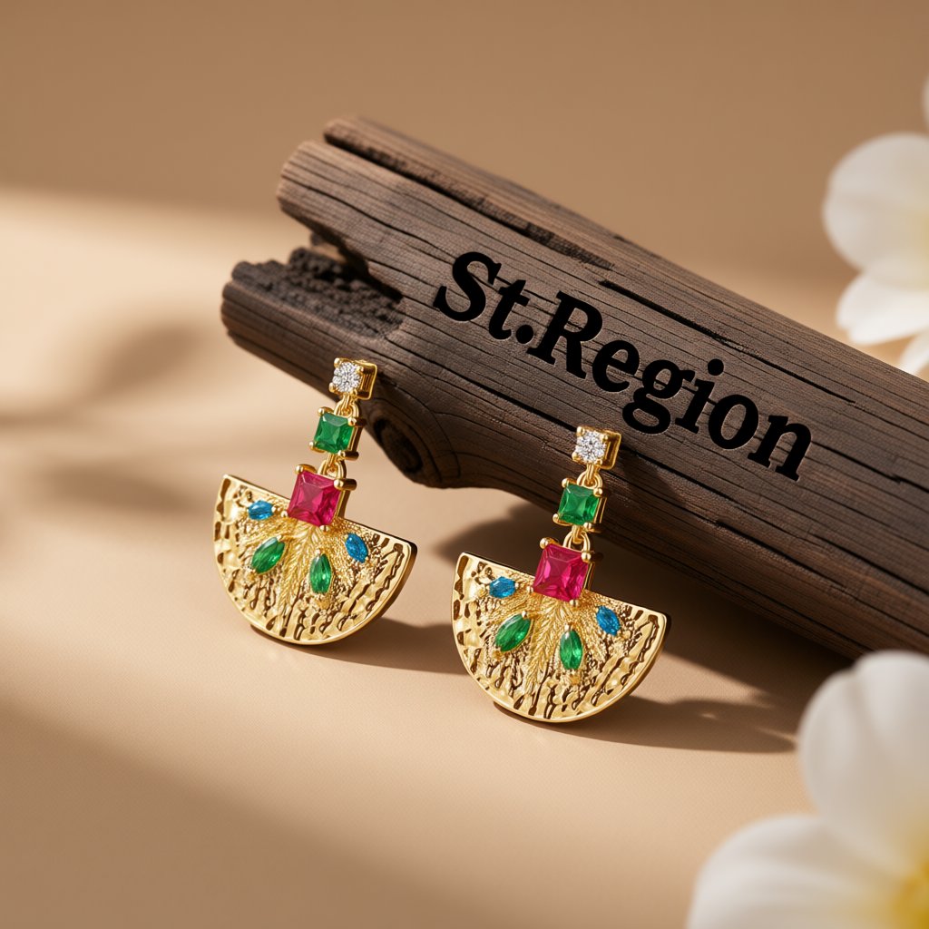 Green Crystal and Cubic Zirconia Fan Drop Earrings, drop earrings for women, dainty minimalist design, front view