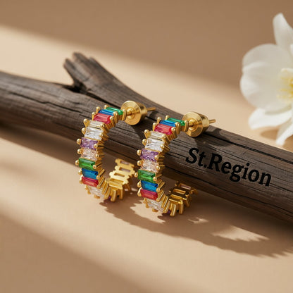 Jewel-Tone Crystals and 18K Gold-Plated Hoop Earrings, gold huggie earrings, everyday style, front view