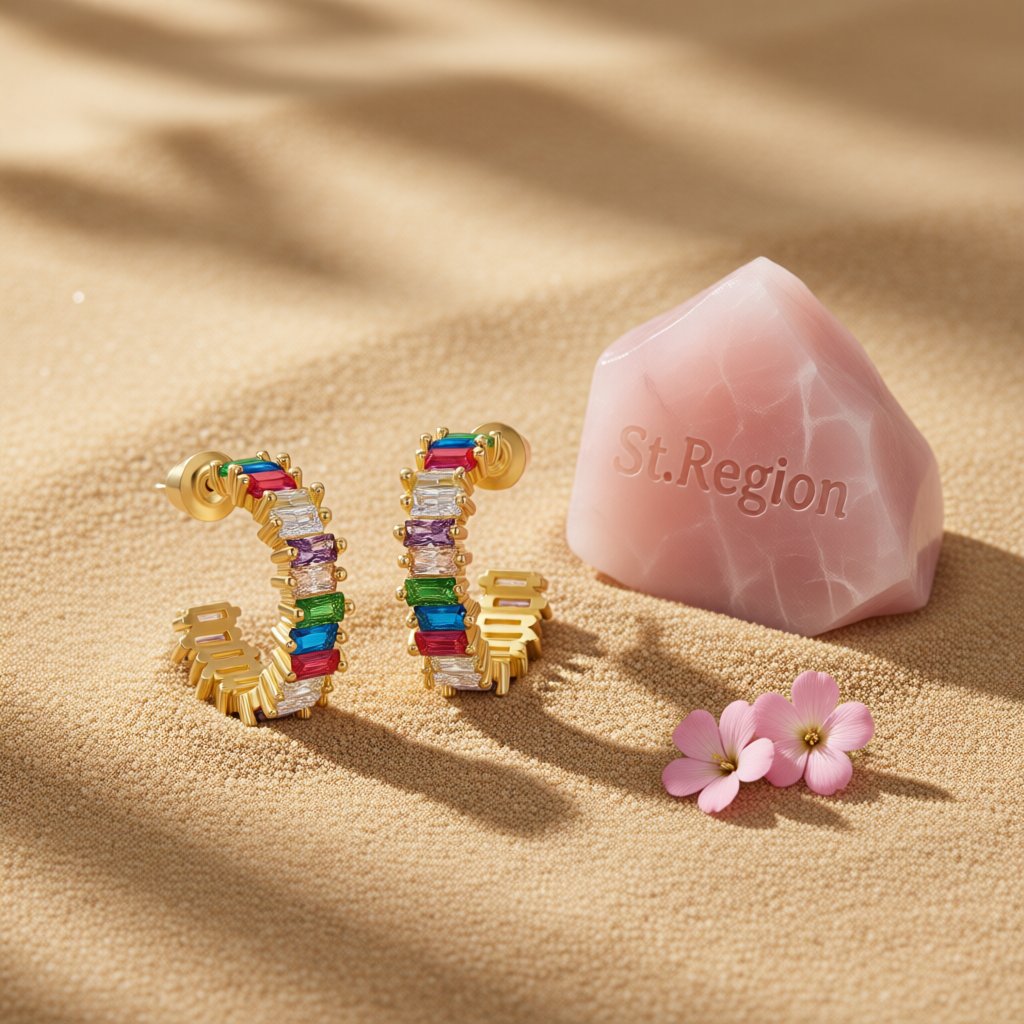 Jewel-Tone Crystals and 18K Gold-Plated Hoop Earrings, gold huggie earrings, everyday style, detail close-up