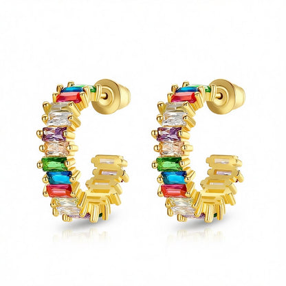 Jewel-Tone Crystals and 18K Gold-Plated Hoop Earrings, gold huggie earrings, everyday style, side view