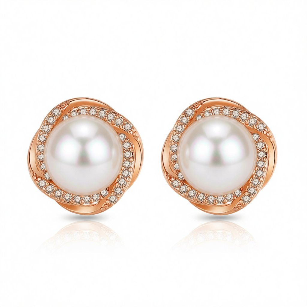 Pearl and Cubic Zirconia 18K Rose Gold-Plated Blossom Stud Earrings, cubic zirconia stud earrings for women, side view