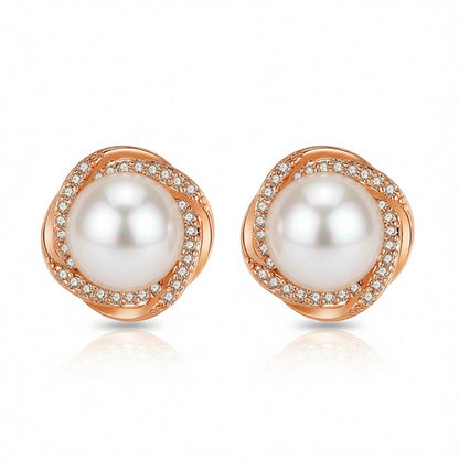 Pearl and Cubic Zirconia 18K Rose Gold-Plated Blossom Stud Earrings, cubic zirconia stud earrings for women, side view