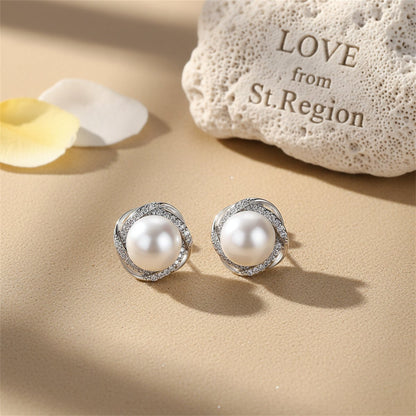 Pearl and Cubic Zirconia Silver-Plated Blossom Stud Earrings, cubic zirconia stud earrings for women, lifestyle look