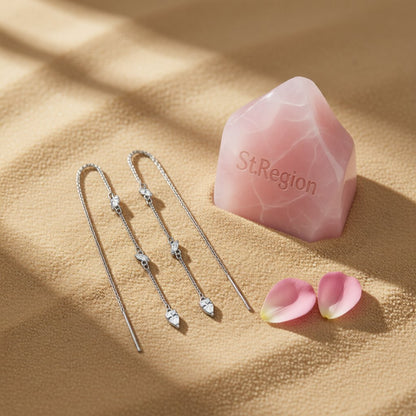 Pear Crystal and Silver-Plated Ear Threaders, botanical inspired, detail close-up