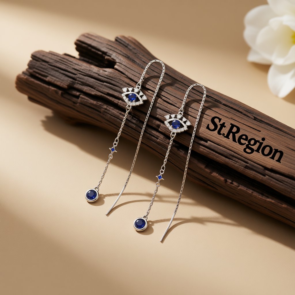 Cubic Zirconia and Crystal Silver-Plated Eye Ear Threaders, botanical inspired, front view