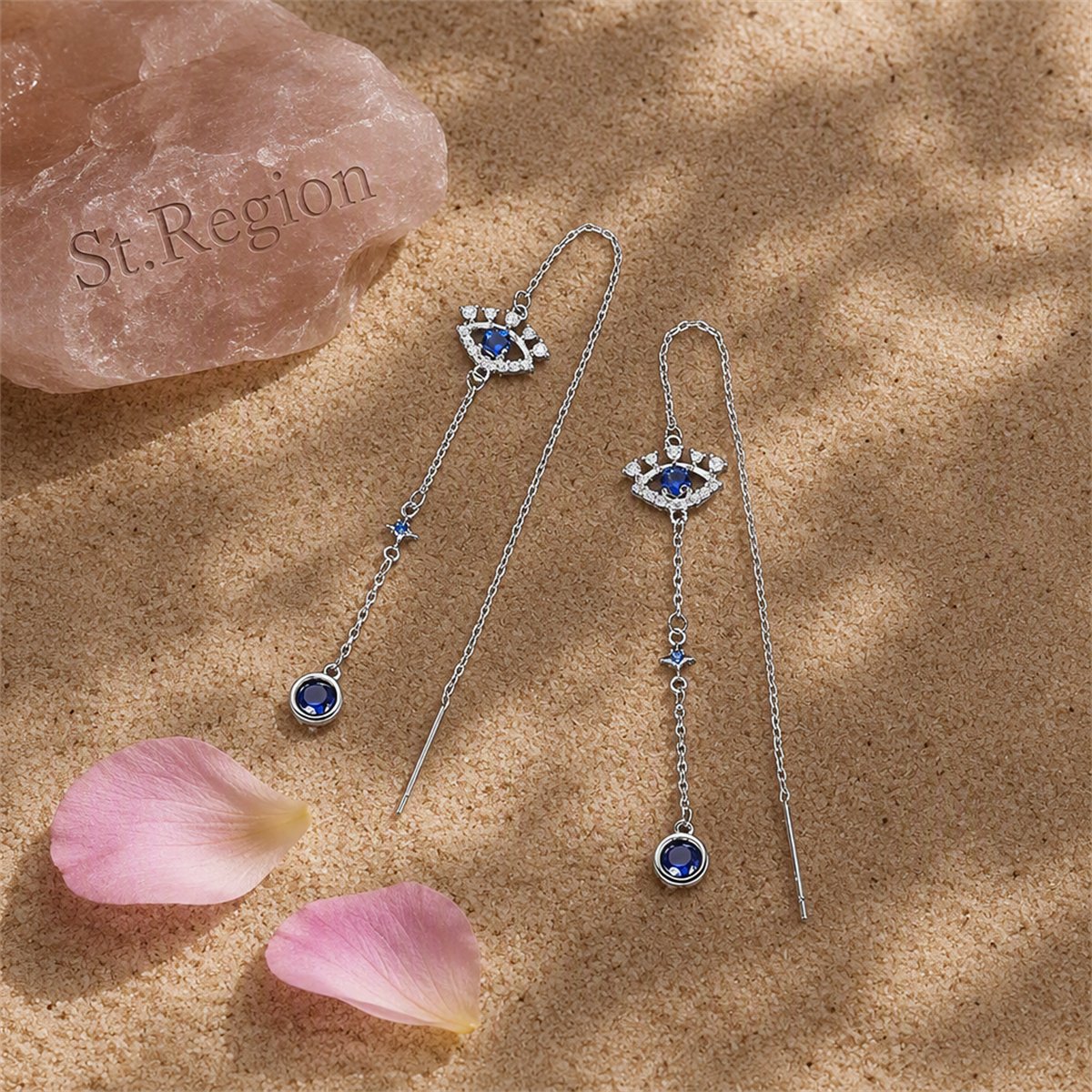 Cubic Zirconia and Crystal Silver-Plated Eye Ear Threaders, botanical inspired, detail close-up