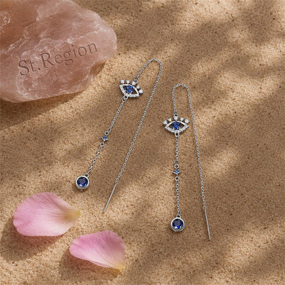 Cubic Zirconia and Crystal Silver-Plated Eye Ear Threaders, botanical inspired, detail close-up