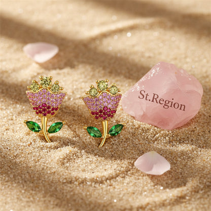 Pink Crystal and Yellow Cubic Zirconia Rose Stud Earrings, cubic zirconia stud earrings for women, detail close-up