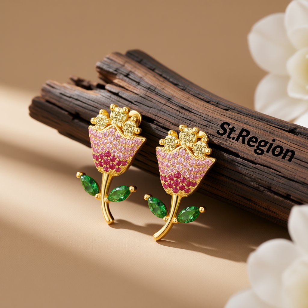 Pink Crystal and Yellow Cubic Zirconia Rose Stud Earrings, cubic zirconia stud earrings for women, everyday style, front view