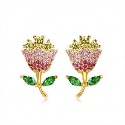 Pink Crystal and Yellow Cubic Zirconia Rose Stud Earrings, cubic zirconia stud earrings for women, everyday style, side view