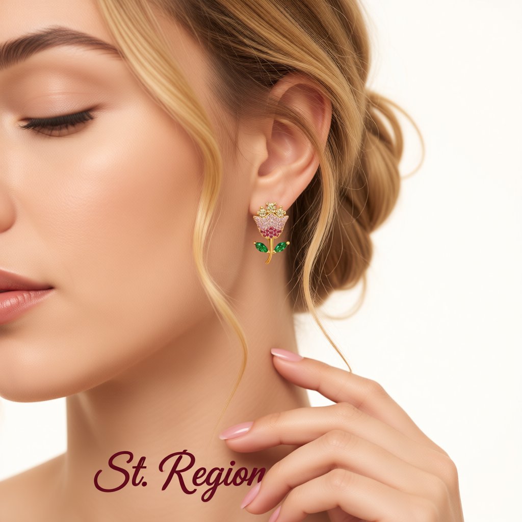 Pink Crystal and Yellow Cubic Zirconia Rose Stud Earrings, cubic zirconia stud earrings for women, styled look