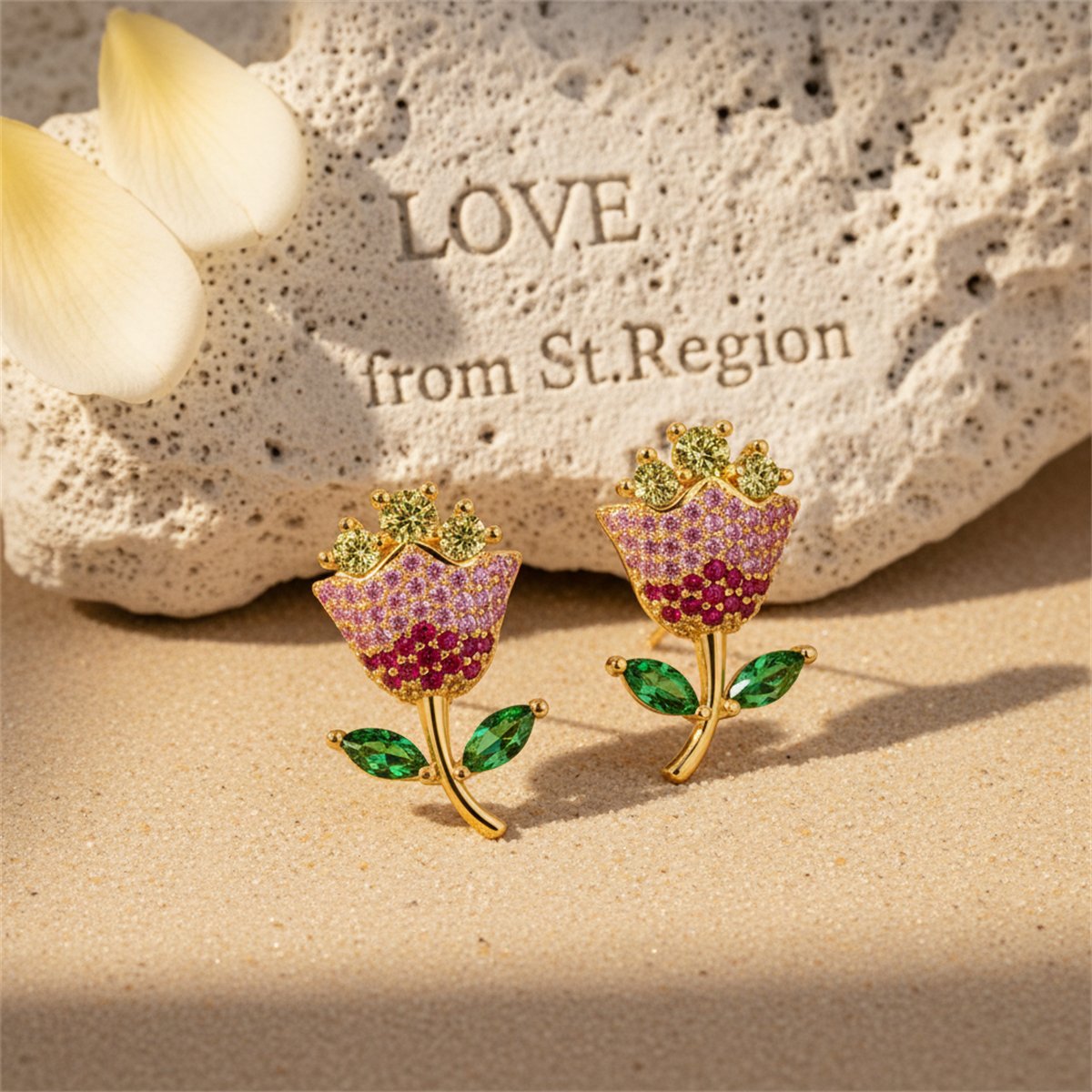 Pink Crystal and Yellow Cubic Zirconia Rose Stud Earrings, cubic zirconia stud earrings for women, lifestyle look