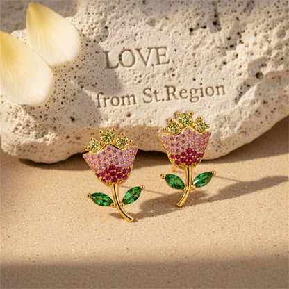 Pink Crystal and Yellow Cubic Zirconia Rose Stud Earrings, cubic zirconia stud earrings for women, lifestyle look