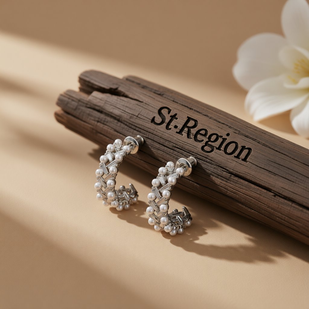 Crystal and Pearl Silver-Plated C-Shape Huggie Earrings, silver huggie earrings, botanical inspired, front view