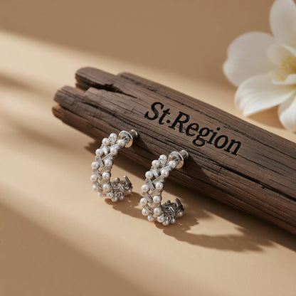 Crystal and Pearl Silver-Plated C-Shape Huggie Earrings, silver huggie earrings, botanical inspired, front view