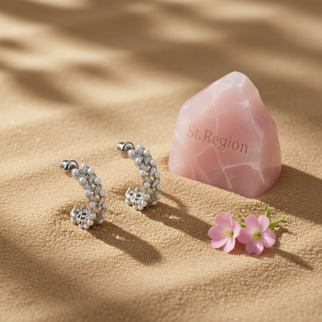 Crystal and Pearl Silver-Plated C-Shape Huggie Earrings, silver huggie earrings, botanical inspired, detail close-up