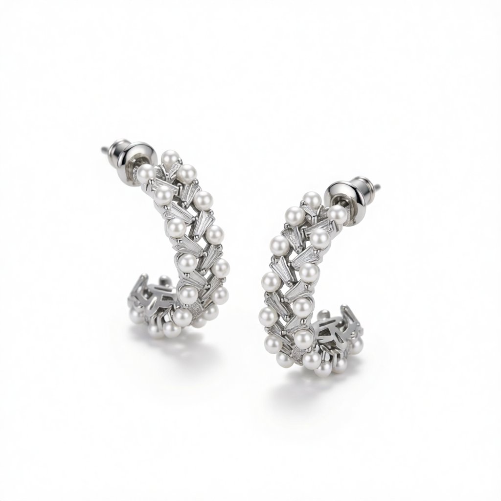 Crystal and Pearl Silver-Plated C-Shape Huggie Earrings, silver huggie earrings, botanical inspired, side view