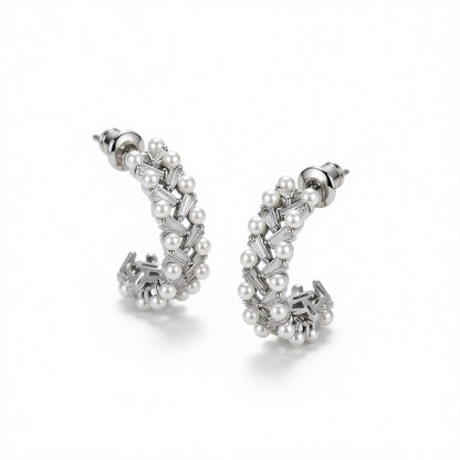Crystal and Pearl Silver-Plated C-Shape Huggie Earrings, silver huggie earrings, botanical inspired, side view