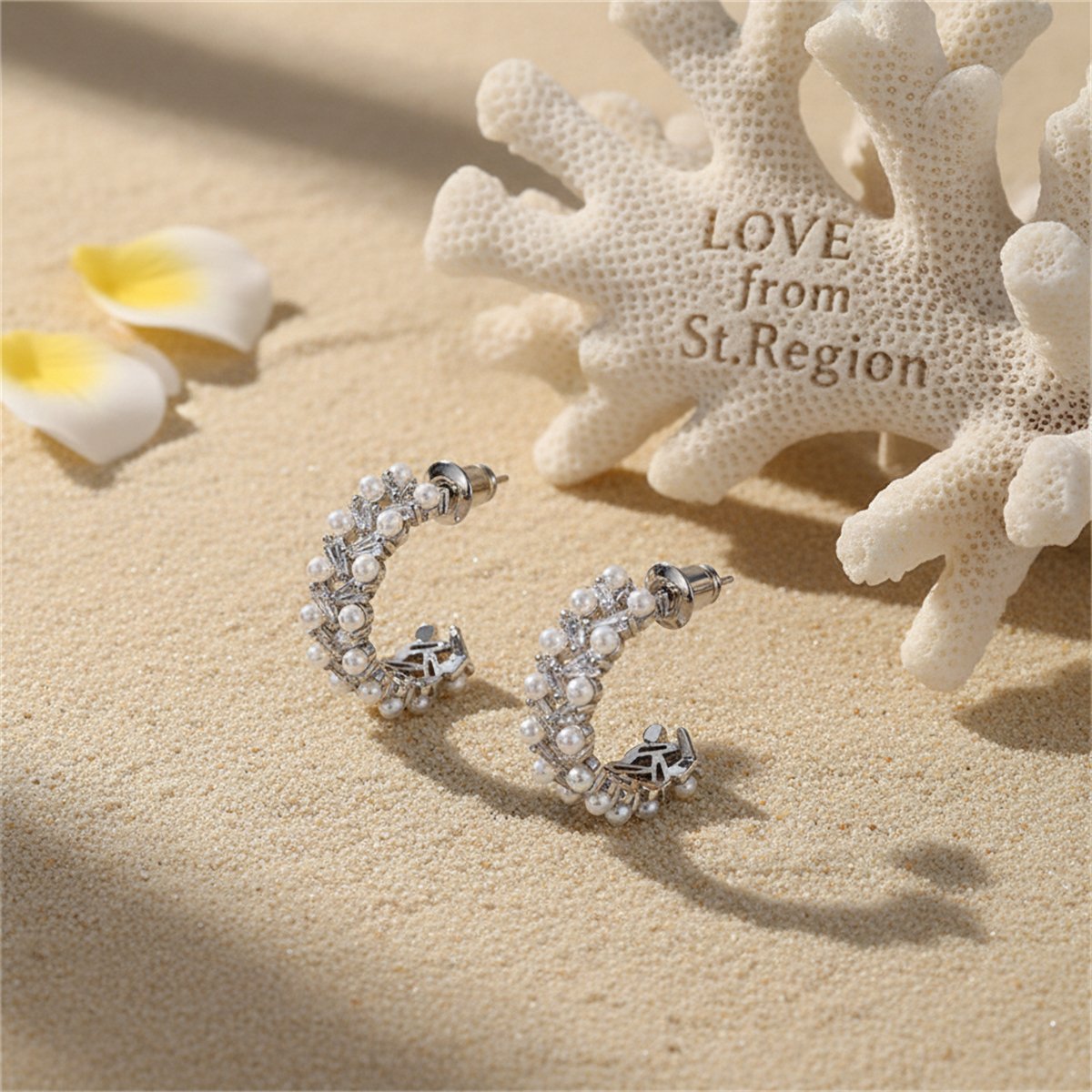 Crystal and Pearl Silver-Plated C-Shape Huggie Earrings, silver huggie earrings, botanical inspired, lifestyle look