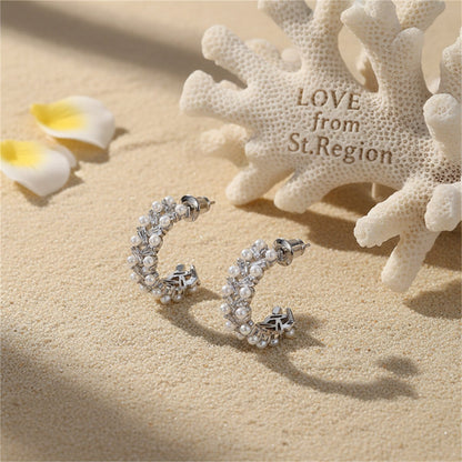 Crystal and Pearl Silver-Plated C-Shape Huggie Earrings, silver huggie earrings, botanical inspired, lifestyle look