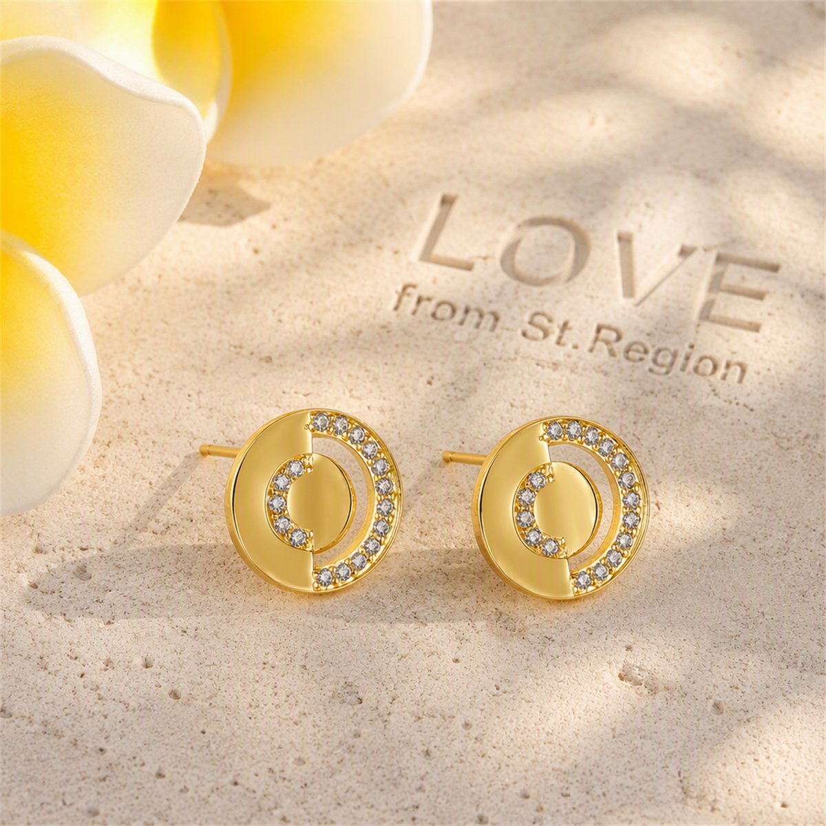 Cubic Zirconia and 18K Gold-Plated Openwork Round Stud Earrings, gold stud earrings for women, lifestyle look