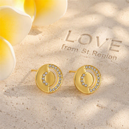 Cubic Zirconia and 18K Gold-Plated Openwork Round Stud Earrings, gold stud earrings for women, lifestyle look