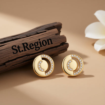 Cubic Zirconia and 18K Gold-Plated Openwork Round Stud Earrings, gold stud earrings for women, front view