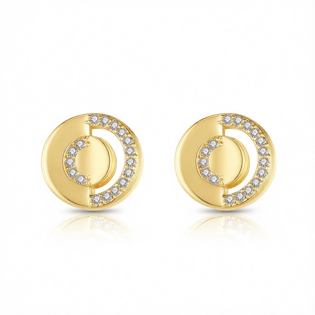 Cubic Zirconia and 18K Gold-Plated Openwork Round Stud Earrings, gold stud earrings for women, side view