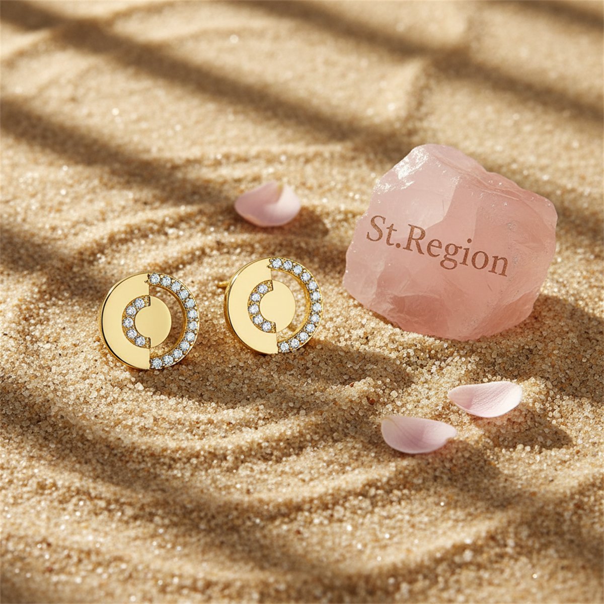 Cubic Zirconia and 18K Gold-Plated Openwork Round Stud Earrings, gold stud earrings for women, detail close-up