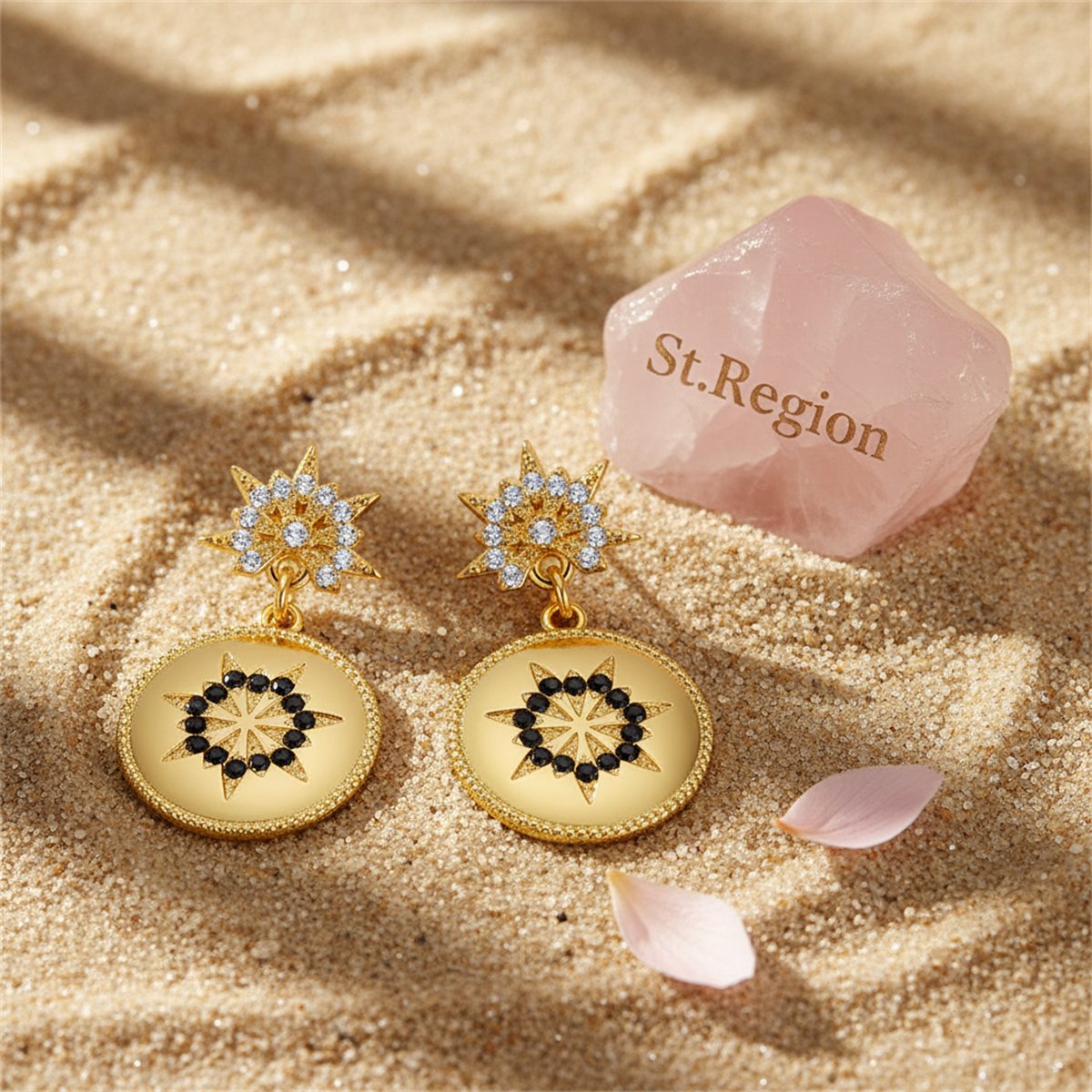 Black Cubic Zirconia and 18K Gold-Plated Flower Round Drop Earrings, gold drop earrings for women, detail close-up