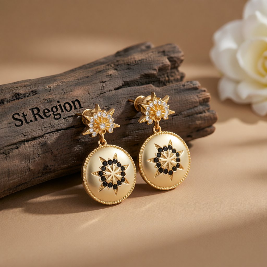 Black Cubic Zirconia and 18K Gold-Plated Flower Round Drop Earrings, gold drop earrings for women, front view