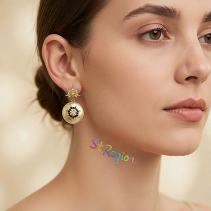 Black Cubic Zirconia and 18K Gold-Plated Flower Round Drop Earrings, gold drop earrings for women, styled look
