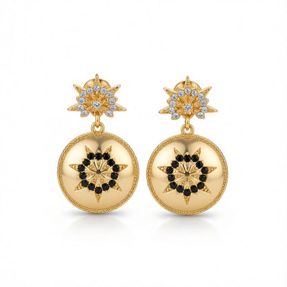 Black Cubic Zirconia and 18K Gold-Plated Flower Round Drop Earrings, gold drop earrings for women, side view