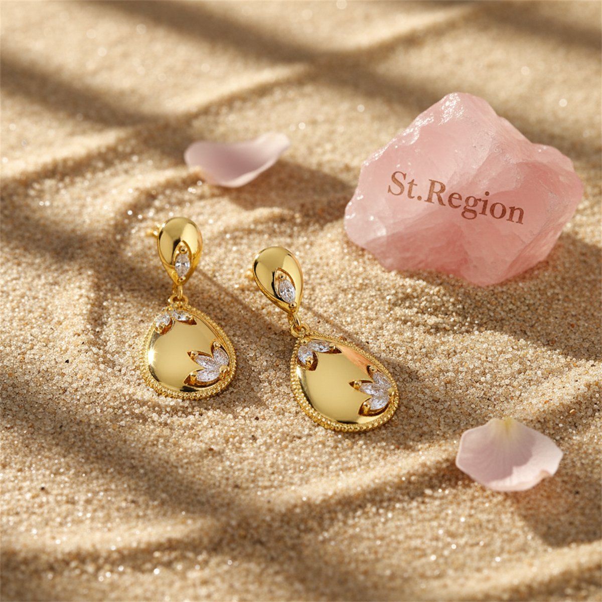 Crystal and 18K Gold-Plated Flower Teardrop Earrings, gold drop earrings for women, dainty minimalist design, detail close-up